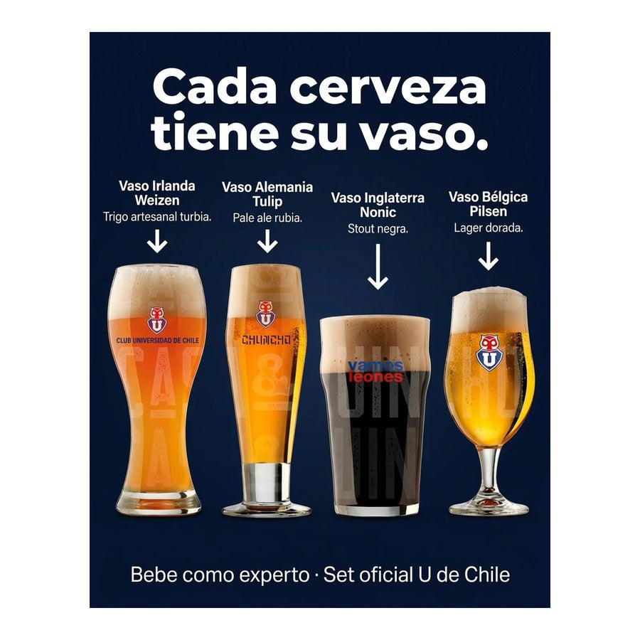 Set 4 Vasos Cerveceros U. De Chile Premium Bar Quincho Bbq