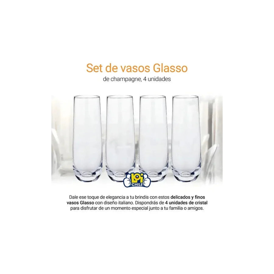 Set 4 Vasos Champagne Espumante Vidrio 280ml Glasso