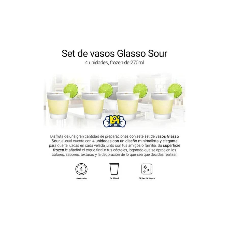 Set 4 Vasos Pisco Sour Vidrio 270ml Apto Lavavajillas Glasso