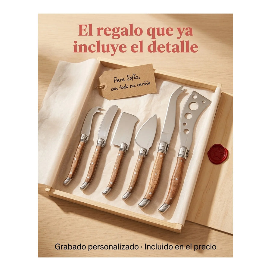 Set 6 Cuchillos Aperitivo Wayu Mango Madera Tablas + Grabado Personalizado