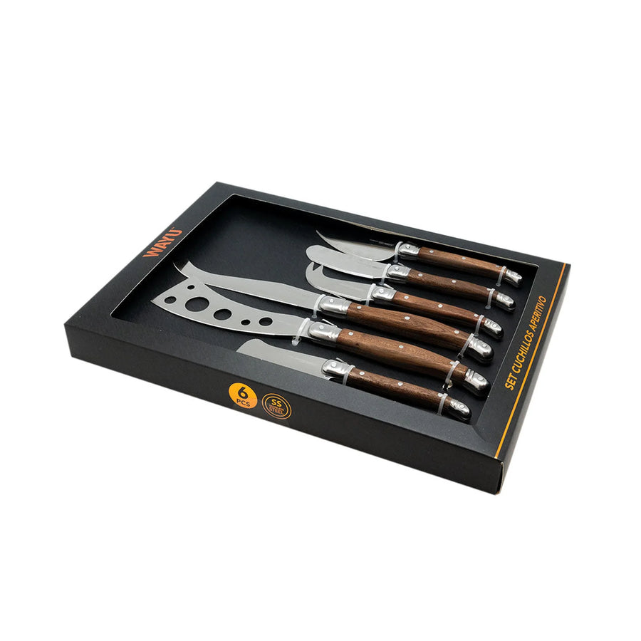 Set 6 Cuchillos Aperitivo Wayu Mango Madera Tablas + Grabado Personalizado
