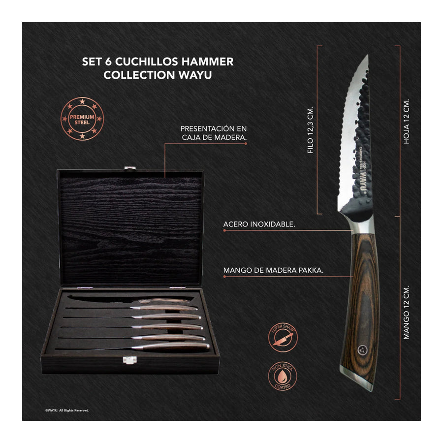Set 6 Cuchillos para Carne Wayu Steak Hammer + Grabado Personalizado