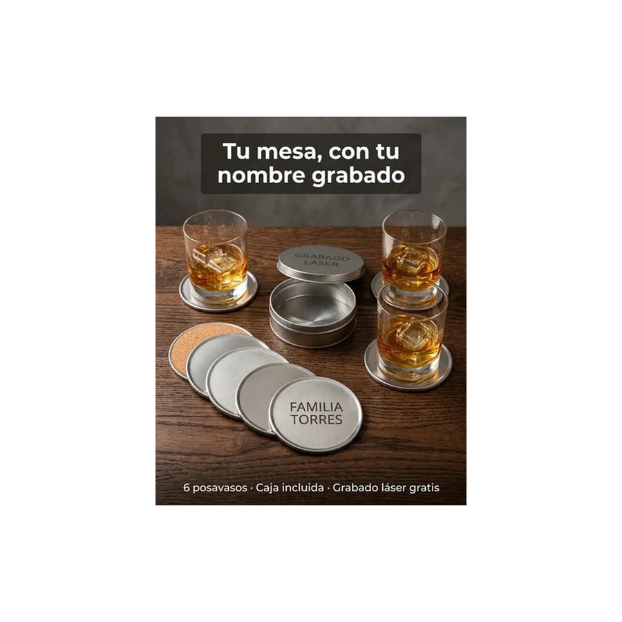 Set 6 Posavasos con Caja + Grabado Personalizado