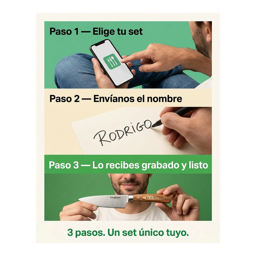 Set 8 Piezas Cuchillos + Tenedor Kangkawe Premium Cocina + Grabado Personalizado