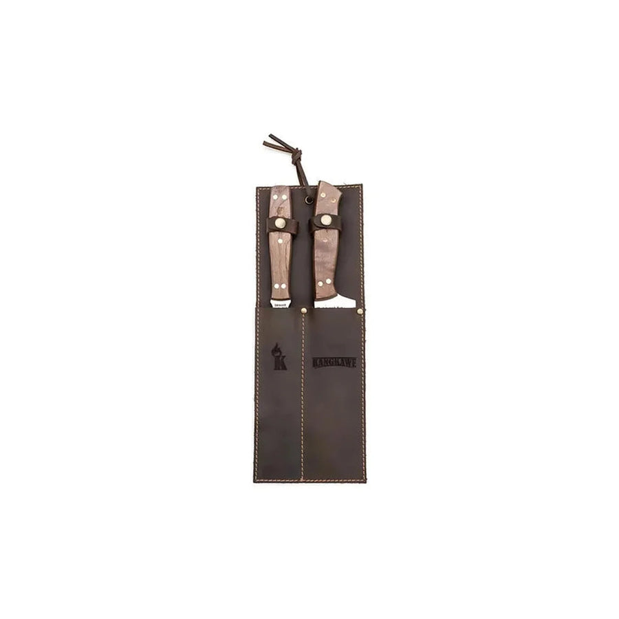 Set parrillero cuchillo y tenedor Kangkawe guardado en su funda de cuero