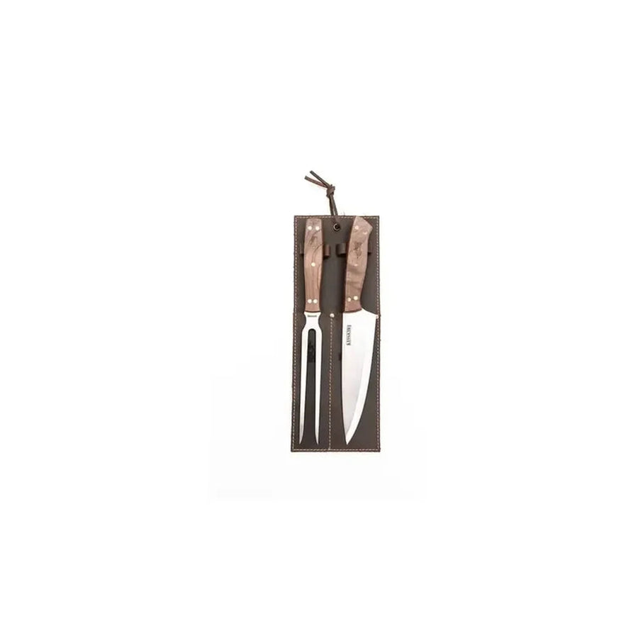 Set parrillero cuchillo y tenedor Kangkawe con funda de cuero en vista lateral