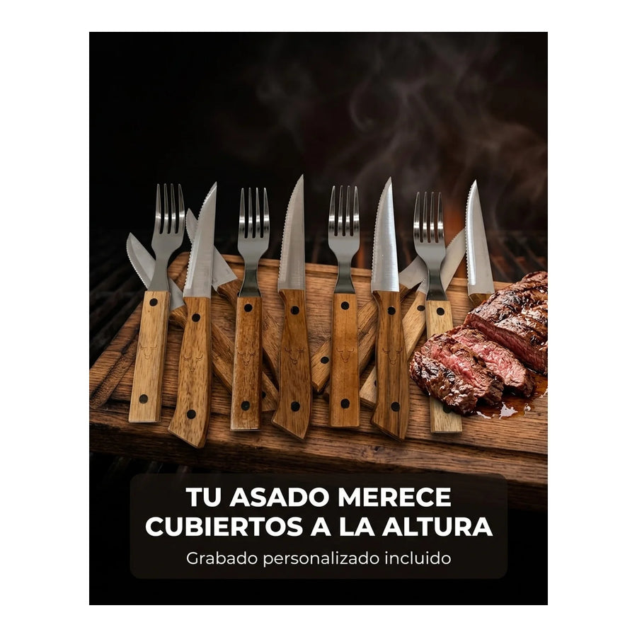 Set Cuchillos + Tenedores Para 8pcs Wayu Asados + Grabado Personalizado