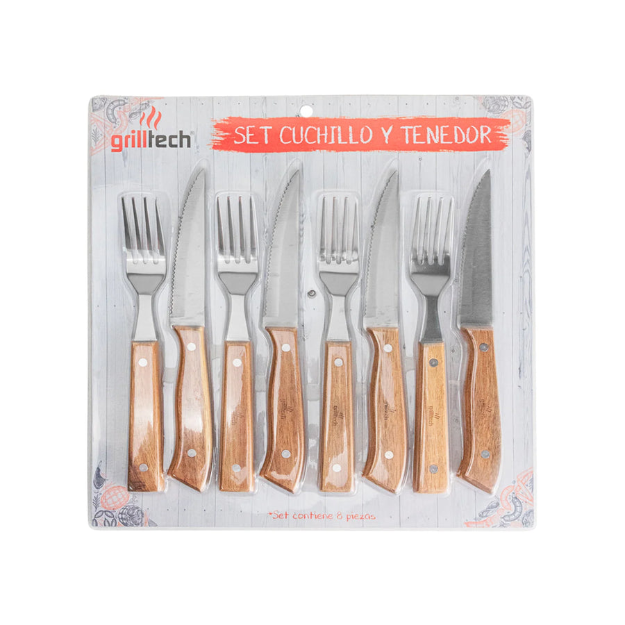 Set Cuchillos + Tenedores Para Asados 8 Piezas Grilltech + Grabado Personalizado