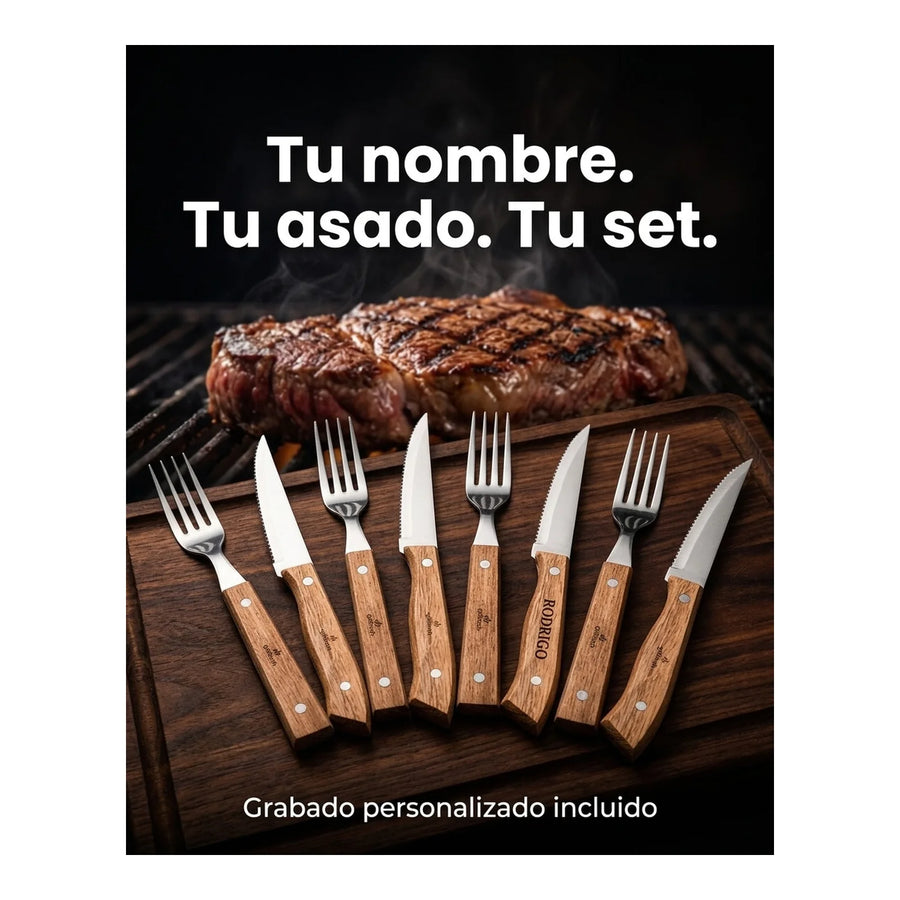 Set Cuchillos + Tenedores Para Asados 8 Piezas Grilltech + Grabado Personalizado