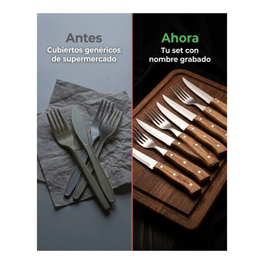 Set Cuchillos + Tenedores Para Asados 8 Piezas Grilltech + Grabado Personalizado