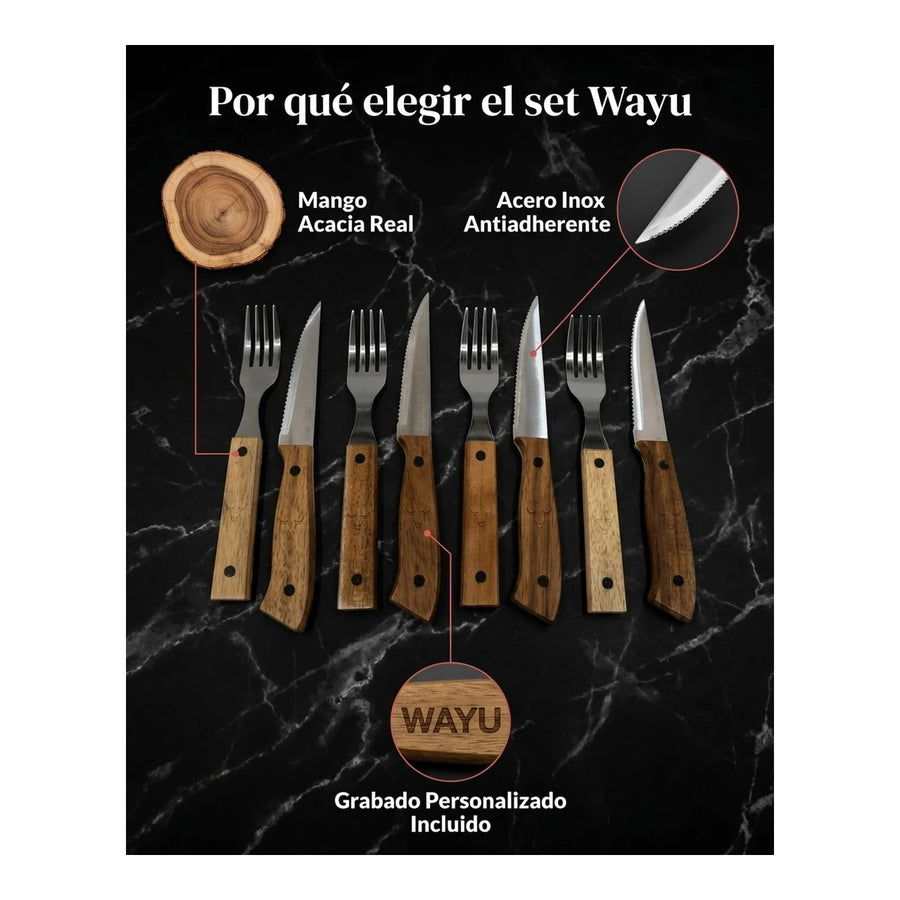 Set Cuchillos + Tenedores Para 8pcs Wayu Asados + Grabado Personalizado