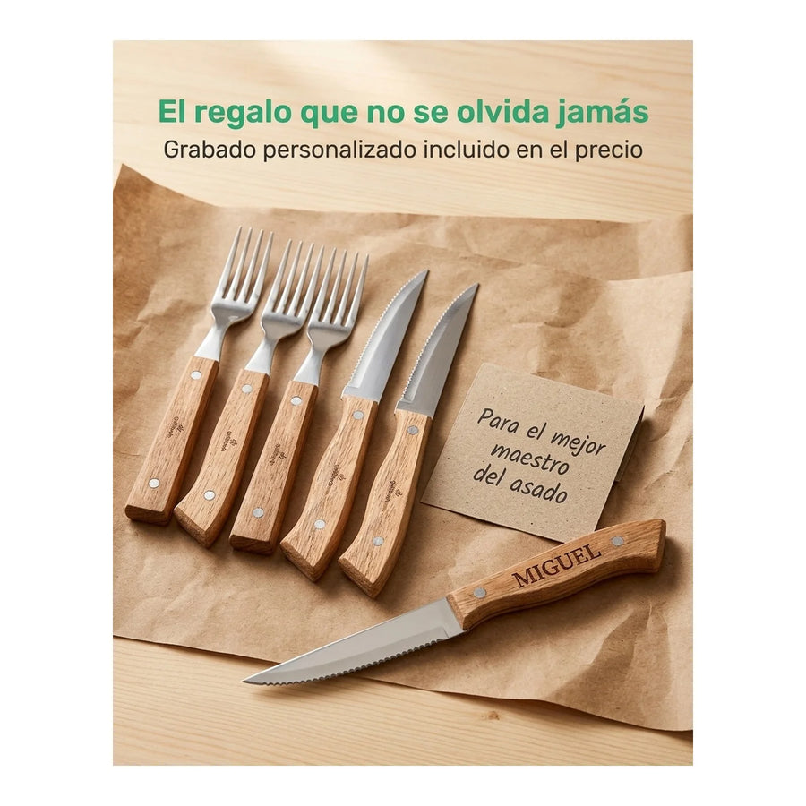 Set Cuchillos + Tenedores Para Asados 8 Piezas Grilltech + Grabado Personalizado