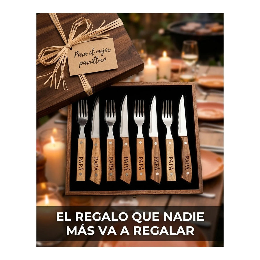 Set Cuchillos + Tenedores Para 8pcs Wayu Asados + Grabado Personalizado