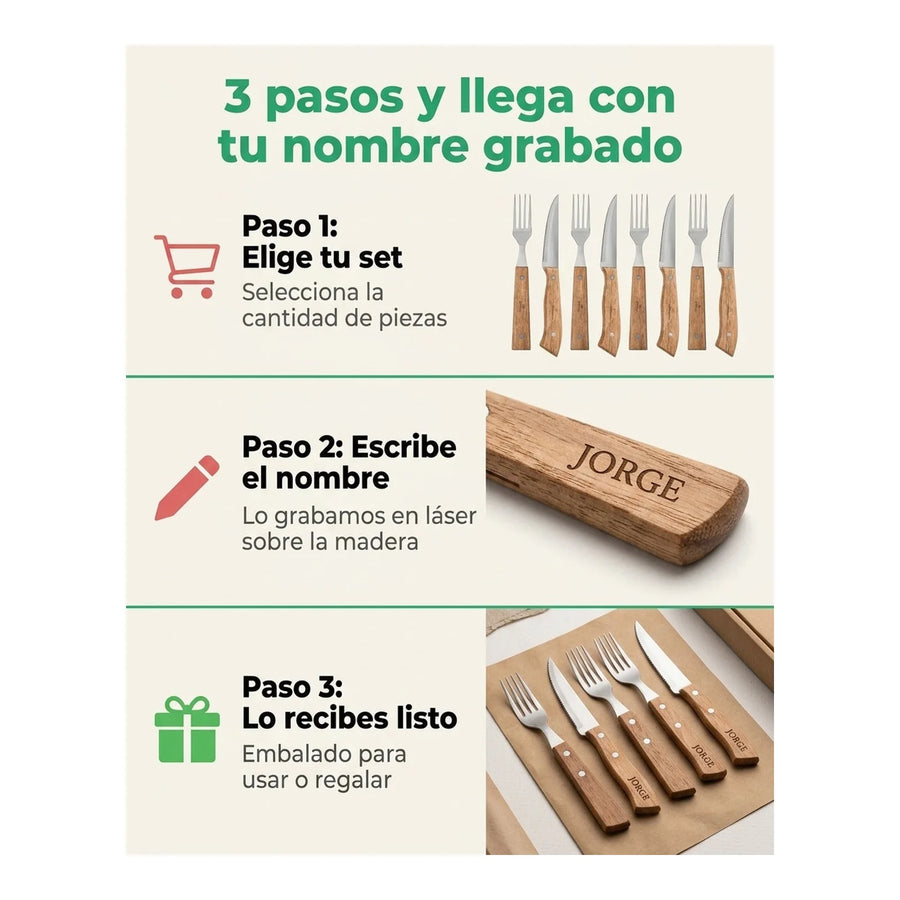 Set Cuchillos + Tenedores Para Asados 8 Piezas Grilltech + Grabado Personalizado