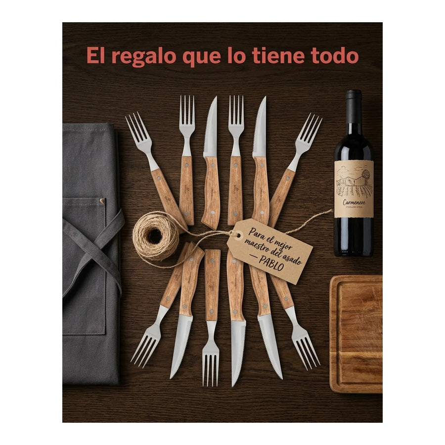 Set Cuchillos + Tenedores Para Asados 8 Piezas Grilltech + Grabado Personalizado