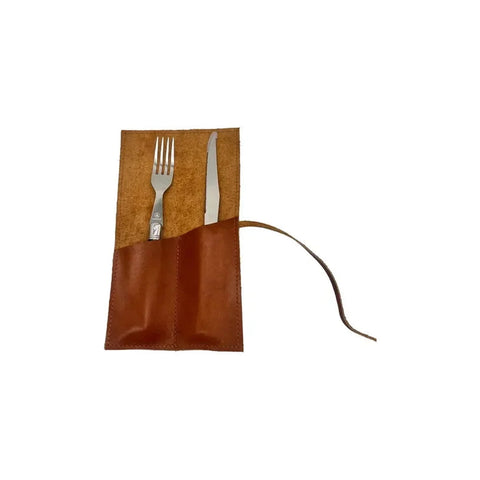 Set De Cubiertos Parasados Con Funda De Cuero + Grabado Café