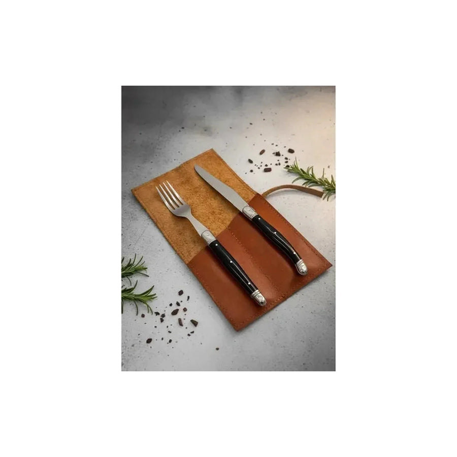 Set De Cubiertos Parasados Con Funda De Cuero + Grabado Café