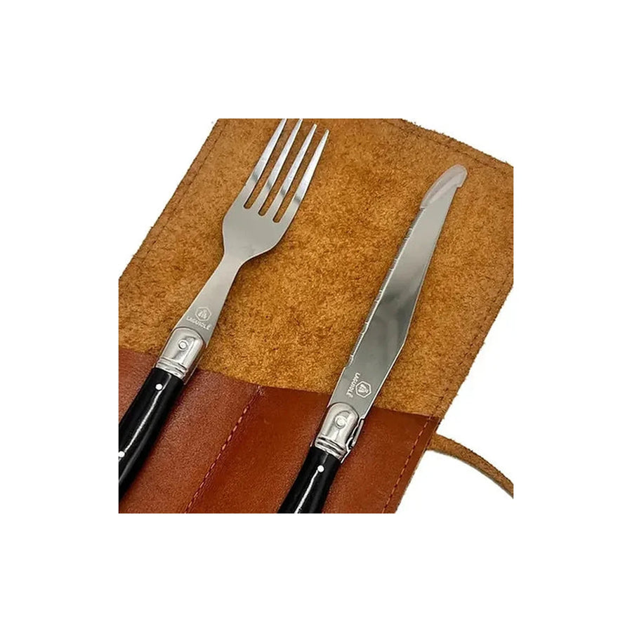 Set De Cubiertos Parasados Con Funda De Cuero + Grabado Café