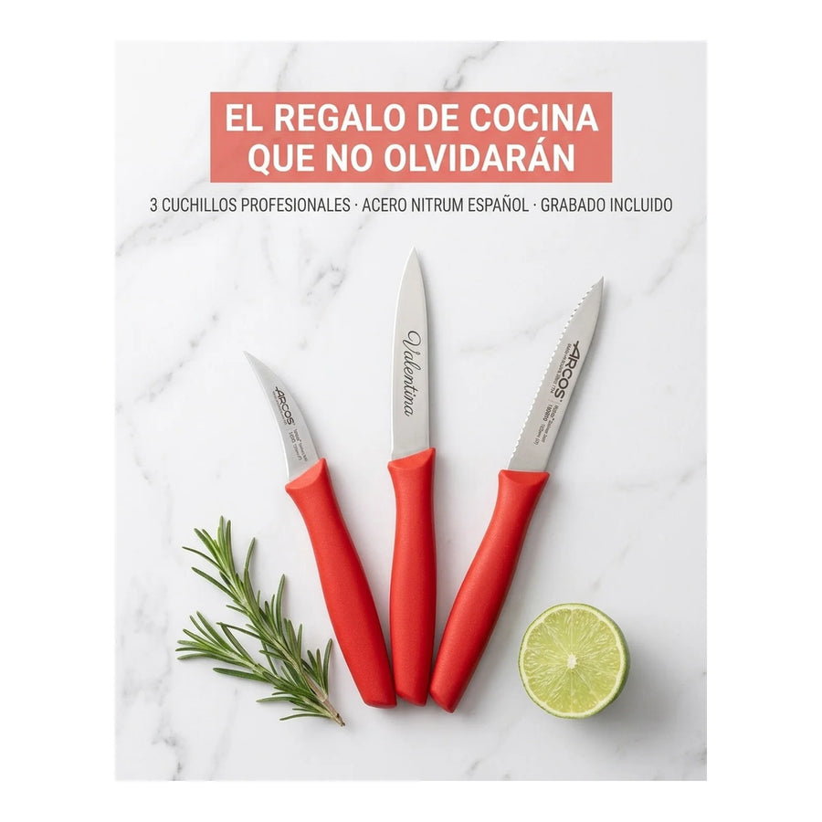 Set De Cuchillos Mondadores Cocina Arcos Premium Rojo + Grabado Personalizado