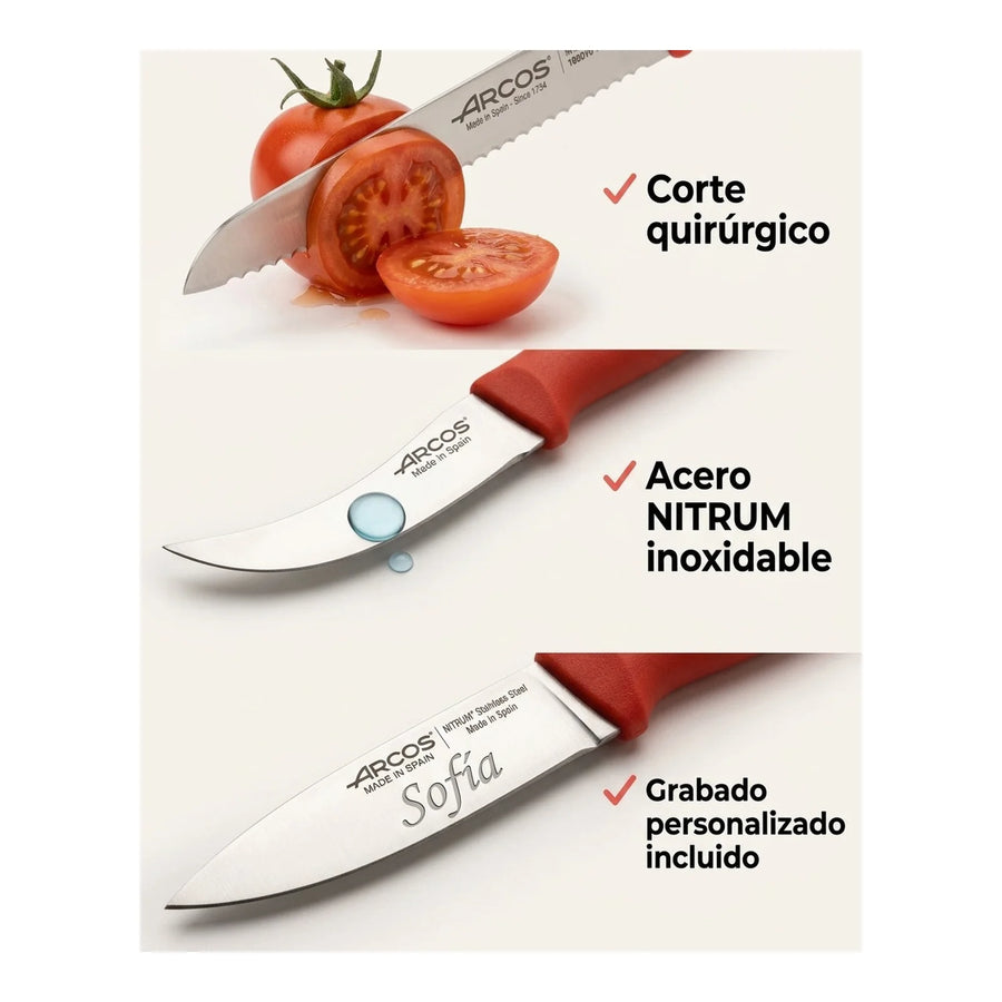Set De Cuchillos Mondadores Cocina Arcos Premium Rojo + Grabado Personalizado
