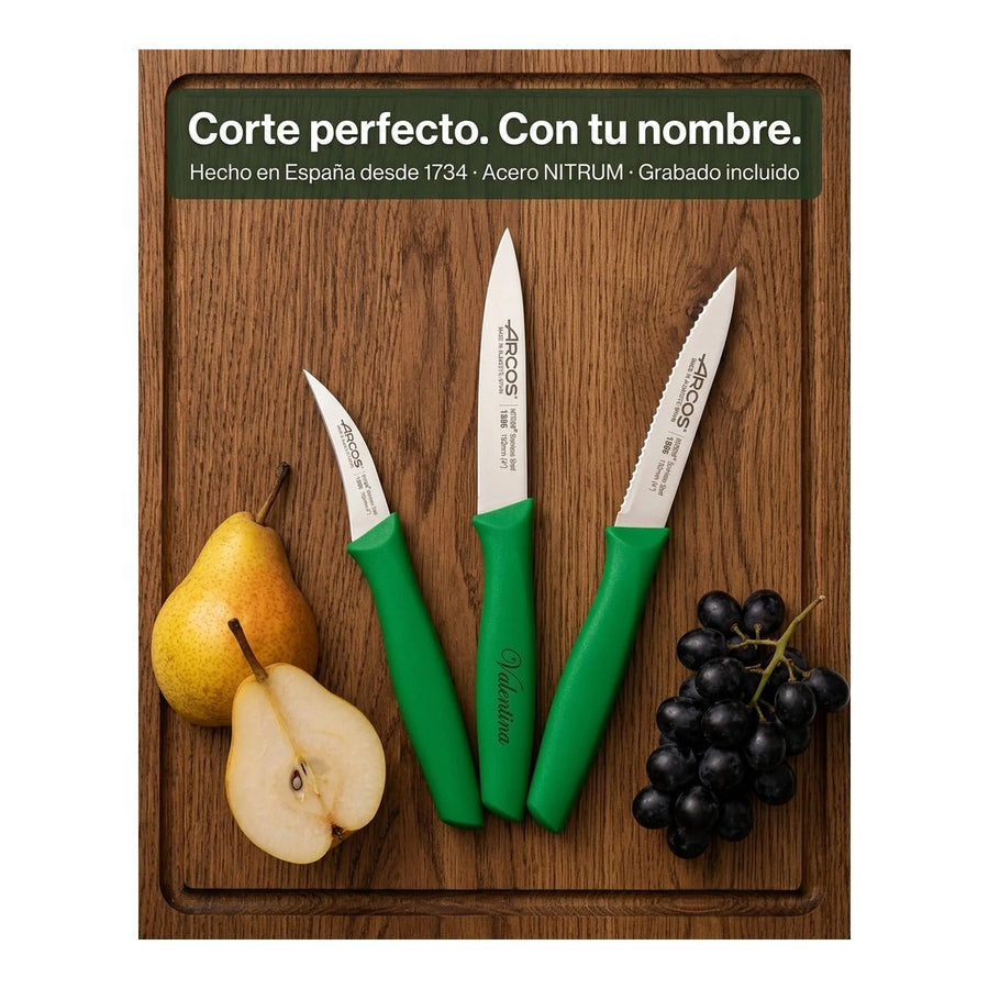 Set De Cuchillos Mondadores Cocina Arcos Premium Verde + Grabado Personalizado