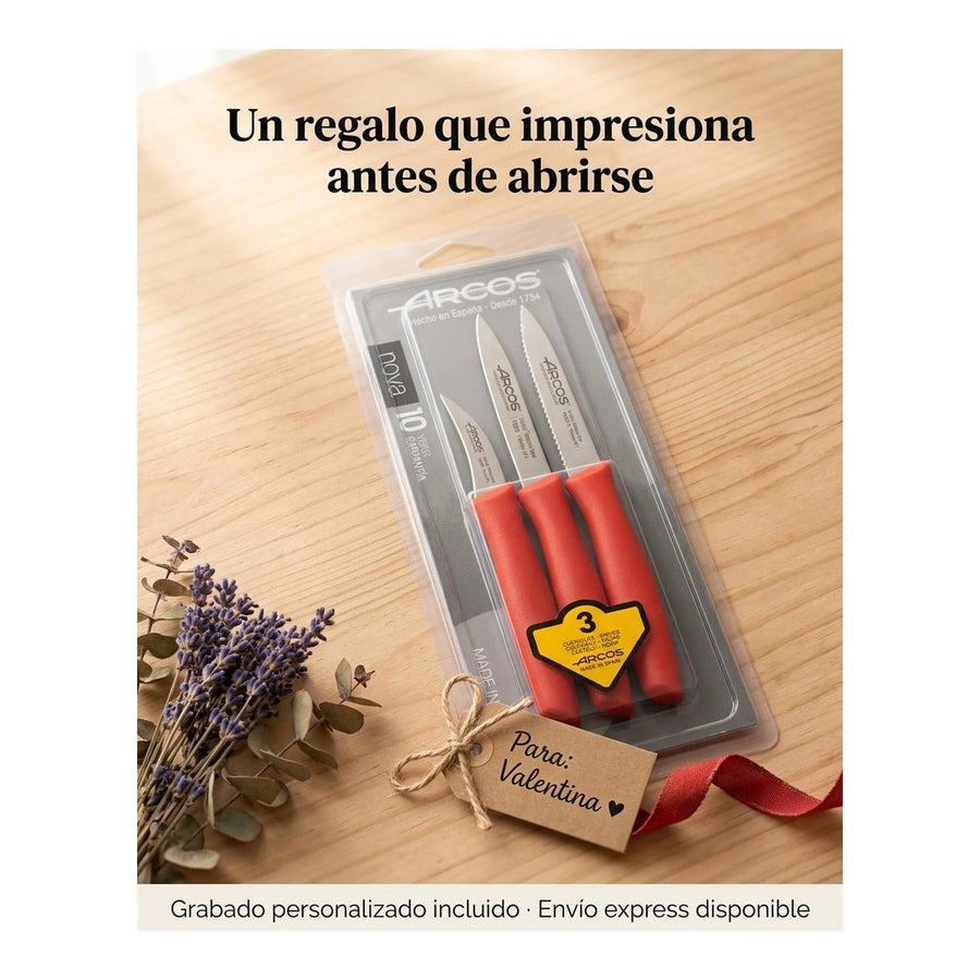 Set De Cuchillos Mondadores Cocina Arcos Premium Rojo + Grabado Personalizado