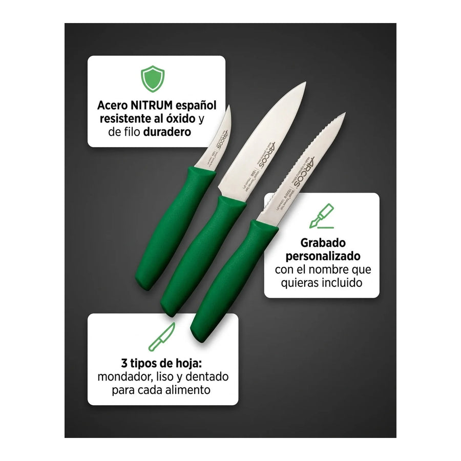 Set De Cuchillos Mondadores Cocina Arcos Premium Verde + Grabado Personalizado