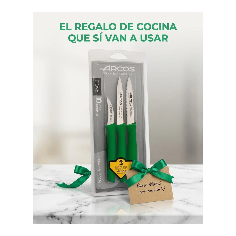 Set De Cuchillos Mondadores Cocina Arcos Premium Verde + Grabado Personalizado