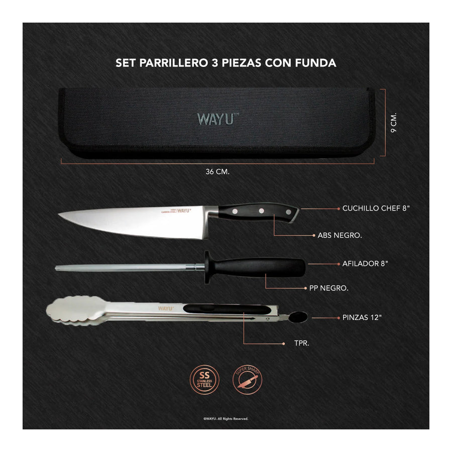 Set Parrillero 3 Piezas Wayu + Grabado Personalizado