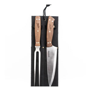 Set Parrillero Cuchillo + Tenedor Kangkawe Funda Cuero Negra + Grabado Personalizado