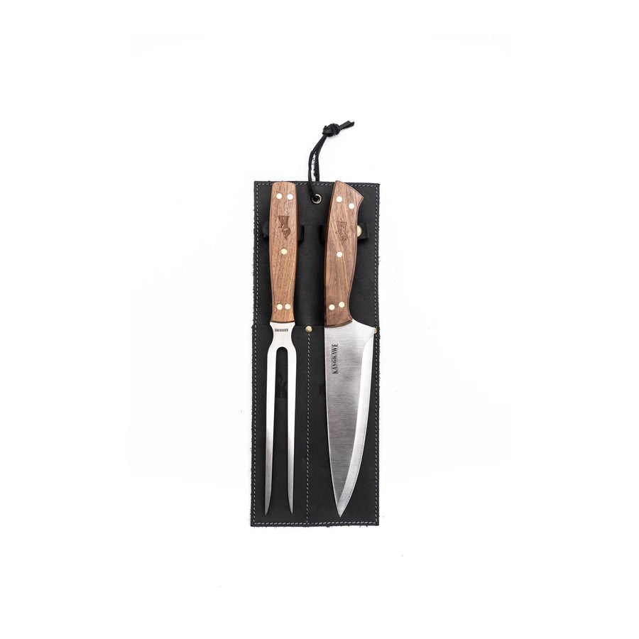 Set Parrillero Cuchillo + Tenedor Kangkawe Funda Cuero Negra + Grabado Personalizado
