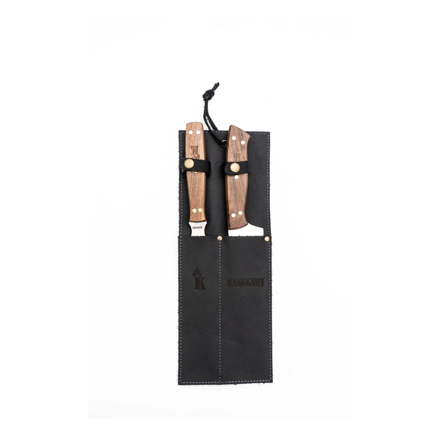 Set Parrillero Cuchillo + Tenedor Kangkawe Funda Cuero Negra + Grabado Personalizado
