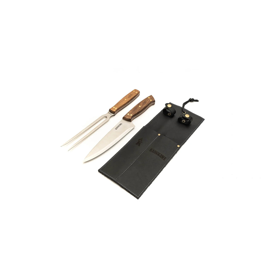 Set Parrillero Cuchillo + Tenedor Kangkawe Funda Cuero Negra + Grabado Personalizado