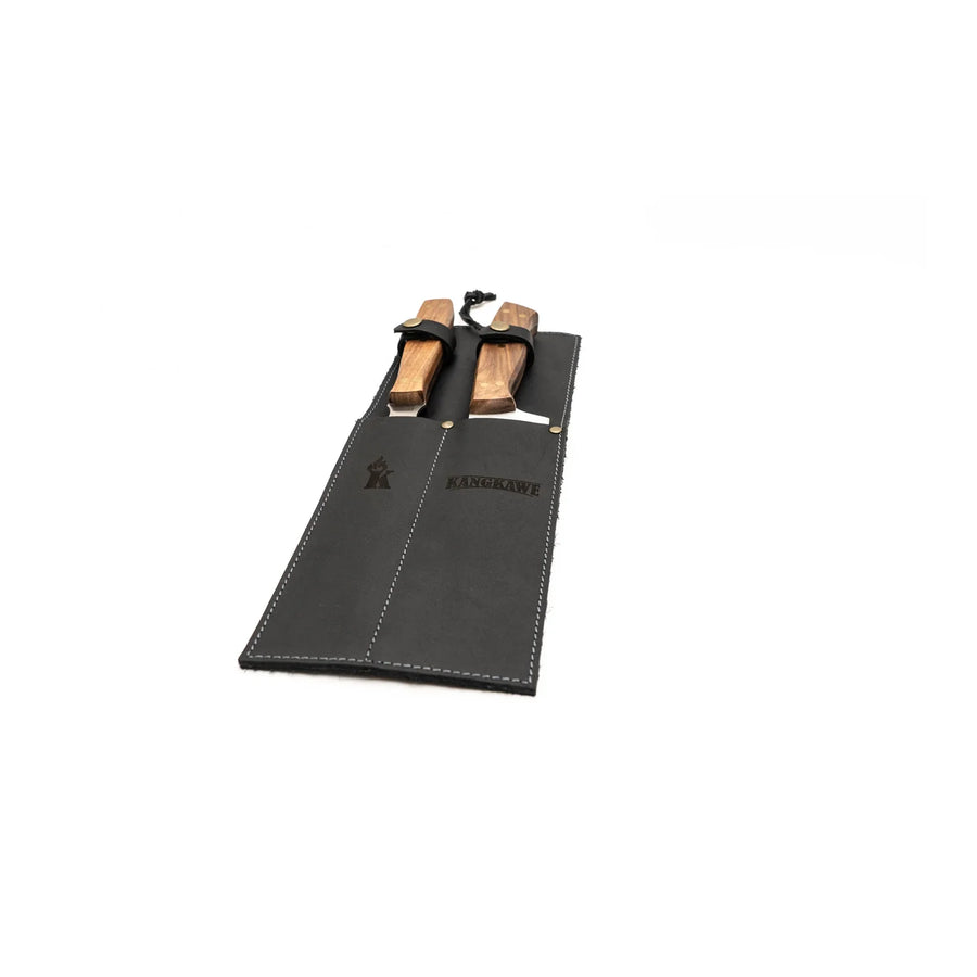 Set Parrillero Cuchillo + Tenedor Kangkawe Funda Cuero Negra + Grabado Personalizado