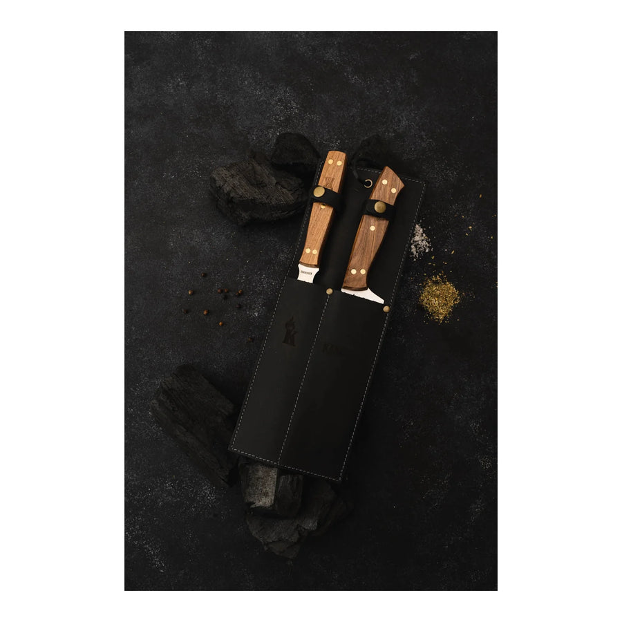 Set Parrillero Cuchillo + Tenedor Kangkawe Funda Cuero Negra + Grabado Personalizado