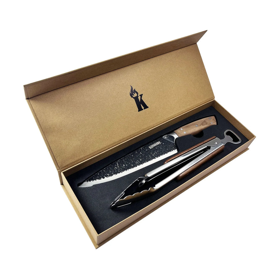 Set Parrillero Kangkawe Cuchillo Martillado + Pinza + Grabado Personalizado