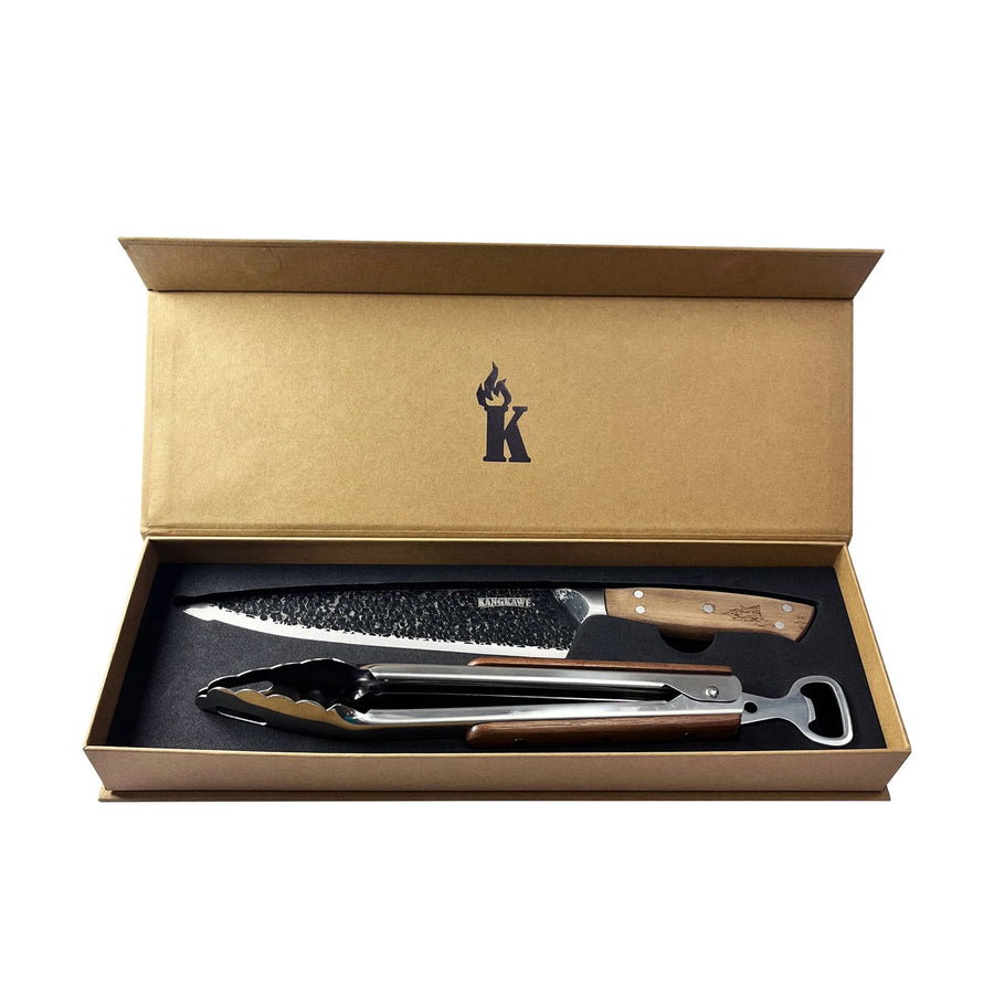 Set Parrillero Kangkawe Cuchillo Martillado + Pinza + Grabado Personalizado