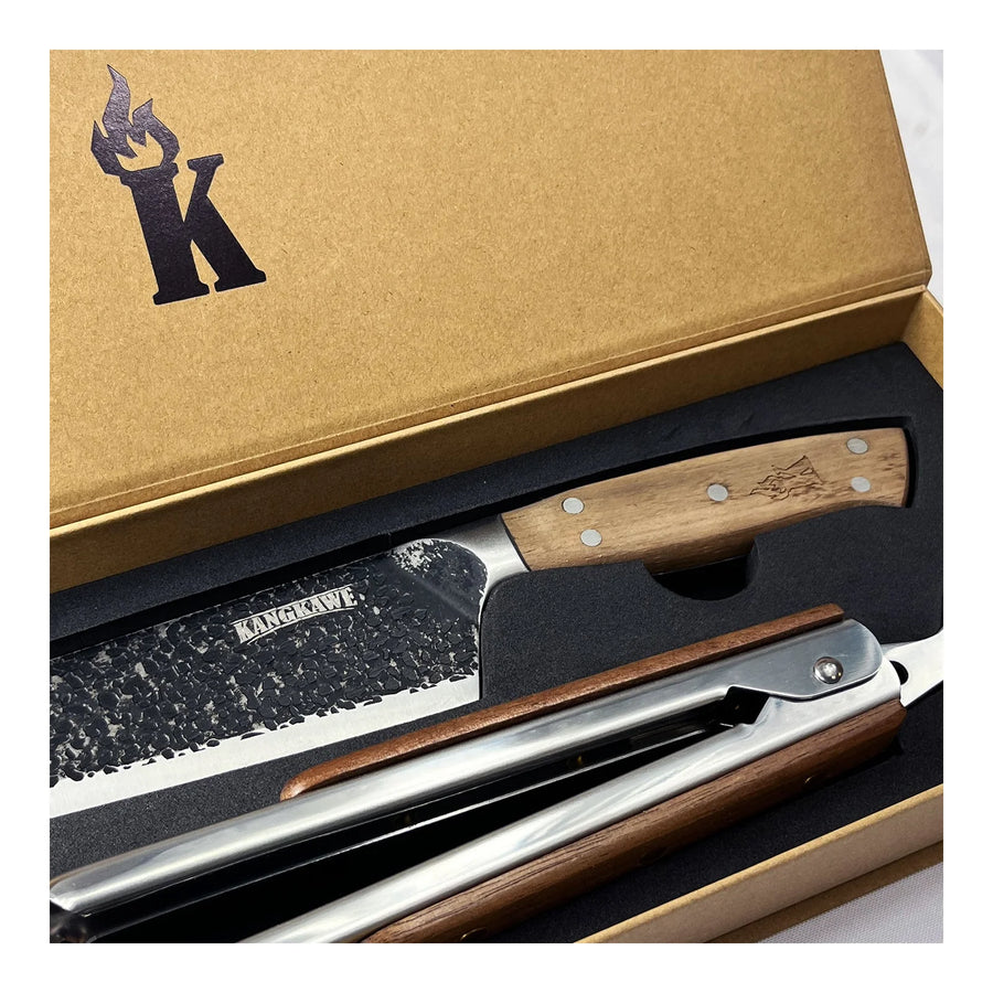 Set Parrillero Kangkawe Cuchillo Martillado + Pinza + Grabado Personalizado