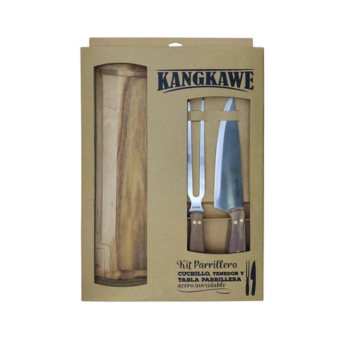 Set parrillero con tabla Kangkawe en su caja original
