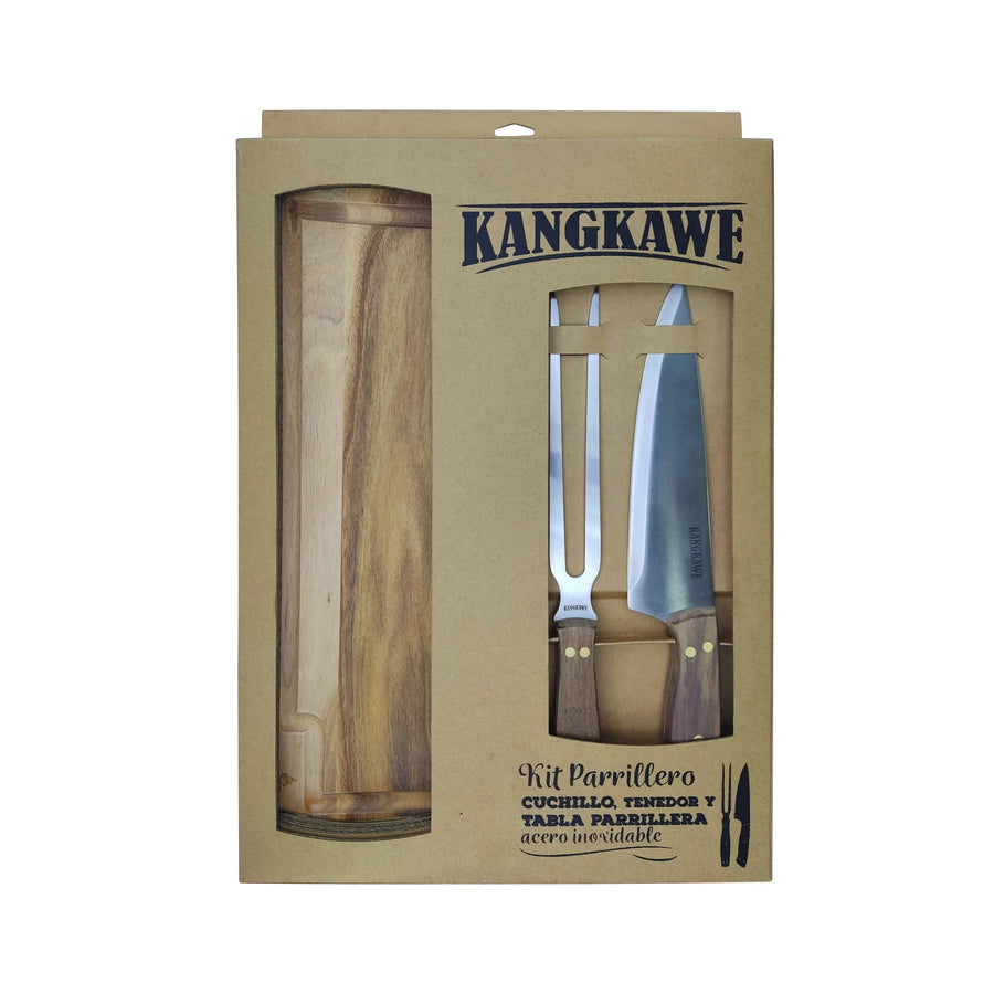 Set Parrillero Kangkawe Cuchillo Tenedor Tabla + Grabado Personalizado
