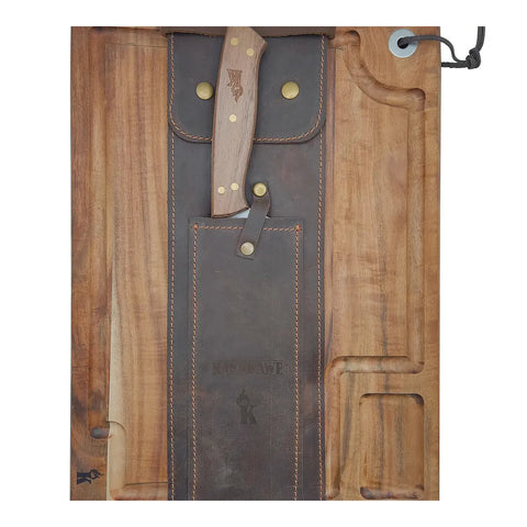 Set parrillero Kangkawe tabla y cuchillo con funda de cuero, vista principal