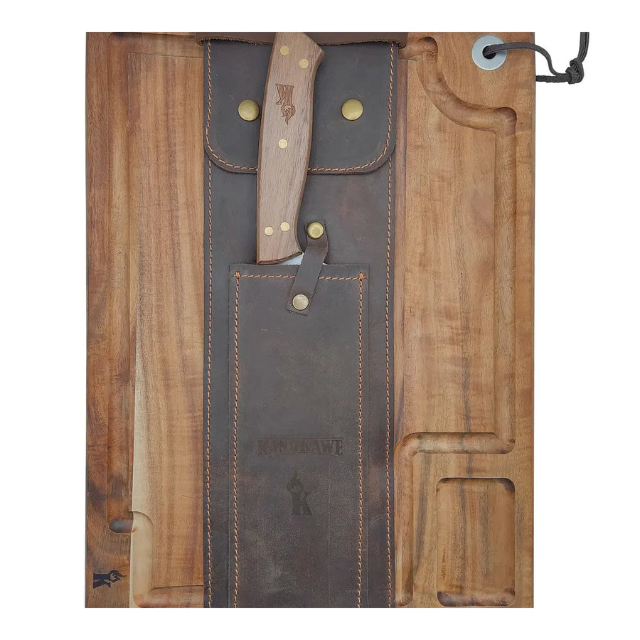 Set parrillero Kangkawe tabla y cuchillo con funda de cuero, vista principal