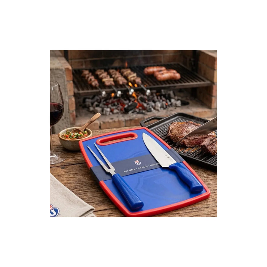 Set Parrillero Tabla + Cuchillo Y Pincho U De Chile + Grabado Personalizado