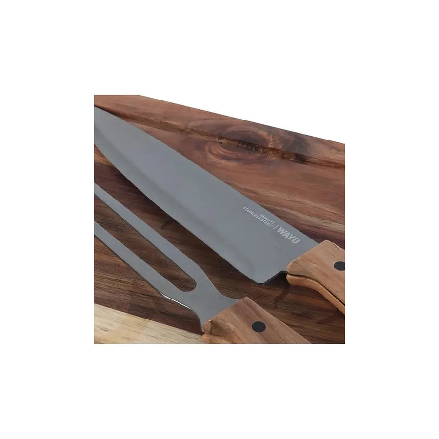 Set Parrillero Tabla + Cuchillo Y Pincho Wayu + Grabado Personalizado