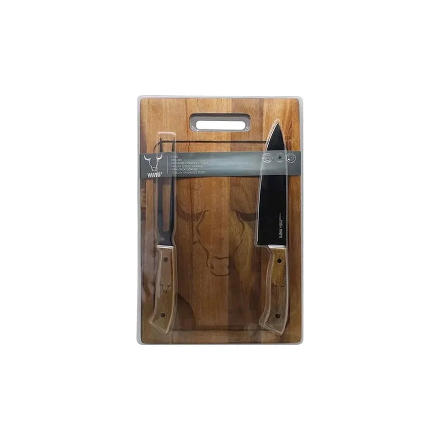 Set Parrillero Tabla + Cuchillo Y Pincho Wayu + Grabado Personalizado