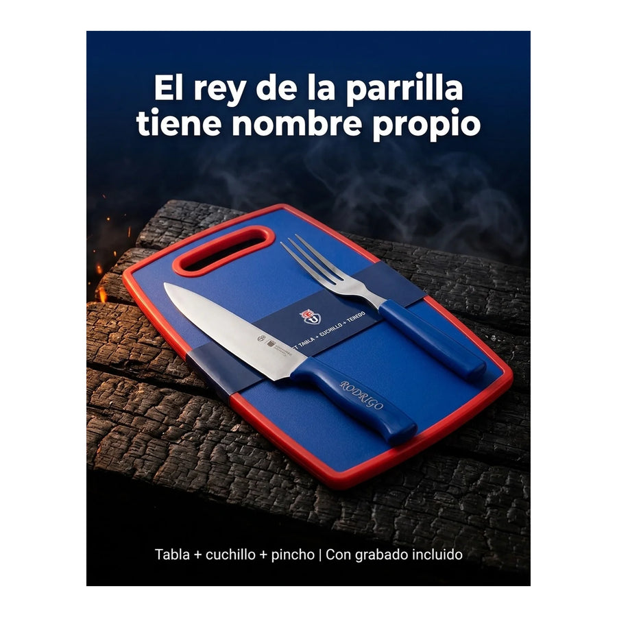 Set Parrillero Tabla + Cuchillo Y Pincho U De Chile + Grabado Personalizado