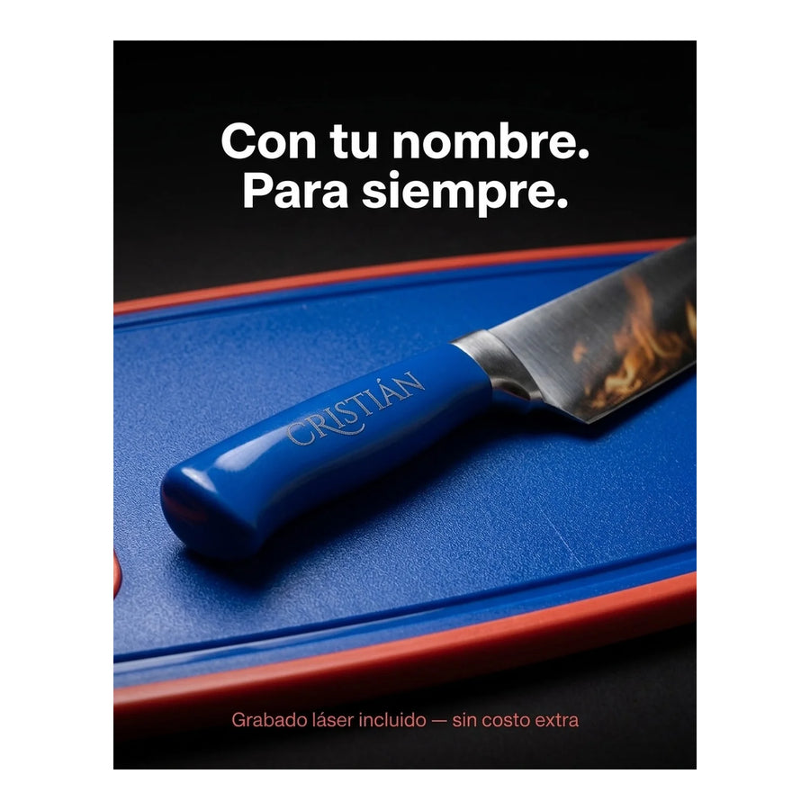 Set Parrillero Tabla + Cuchillo Y Pincho U De Chile + Grabado Personalizado