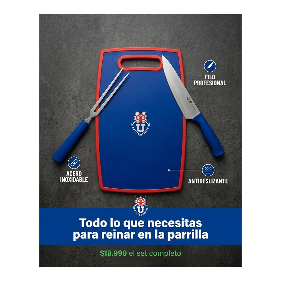 Set Parrillero Tabla + Cuchillo Y Pincho U De Chile + Grabado Personalizado