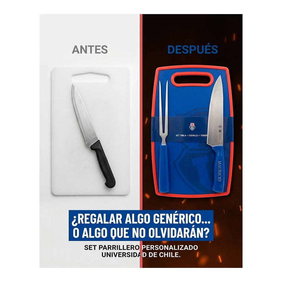 Set Parrillero Tabla + Cuchillo Y Pincho U De Chile + Grabado Personalizado