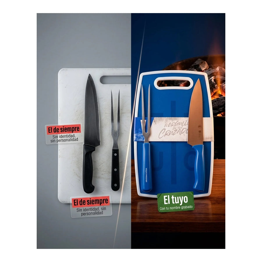 Set Parrillero Tabla + Cuchillo Y Pincho U Católica Uc Asado + Grabado Personalizado